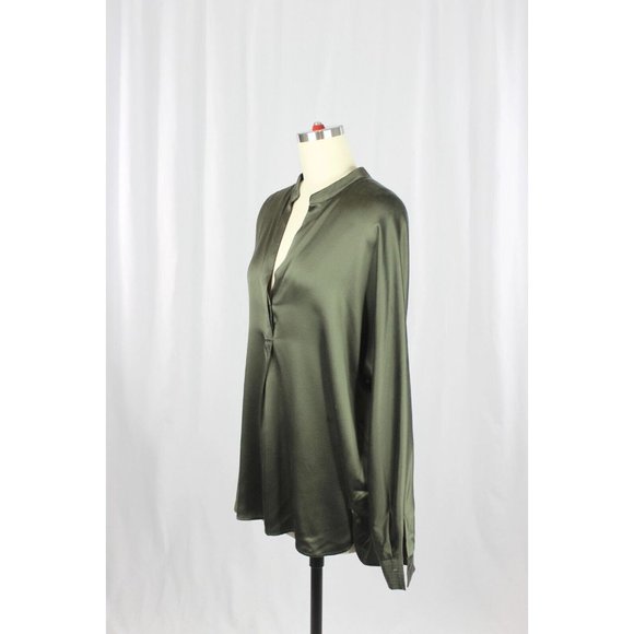 VINCE Olive Green Silk Charmeuse Split Neck Relaxed Tunic Blouse, Size S - Picture 7 of 15